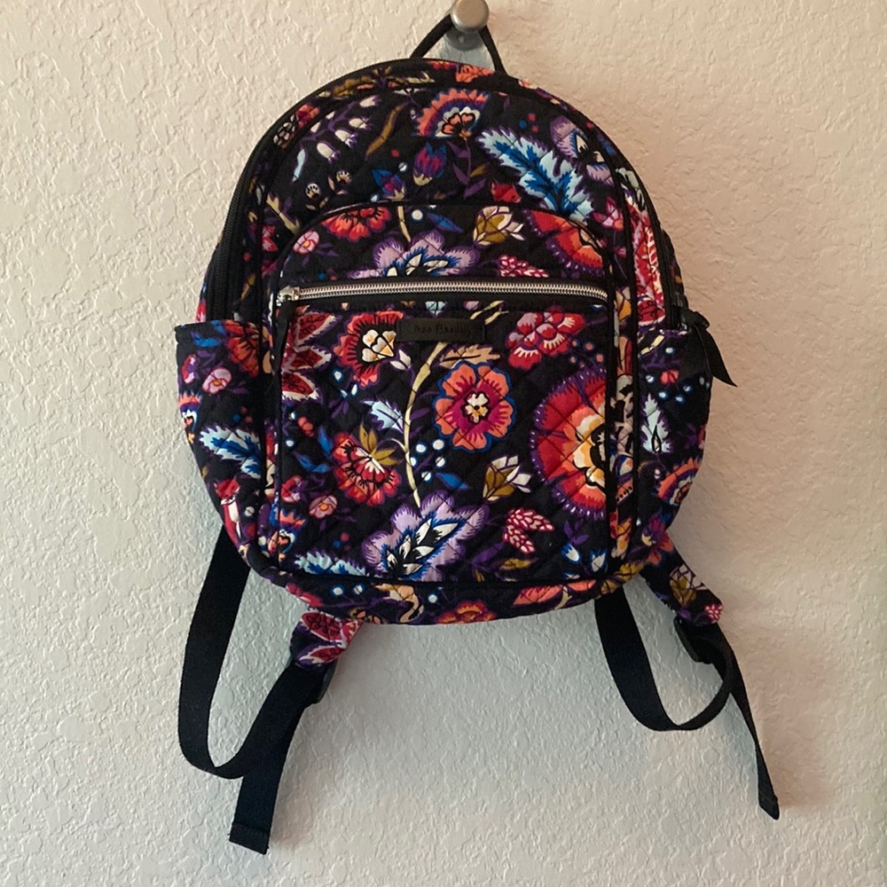 Vera Bradley Floral Quilted Mini Backpack in Black with Multicolor Blooms